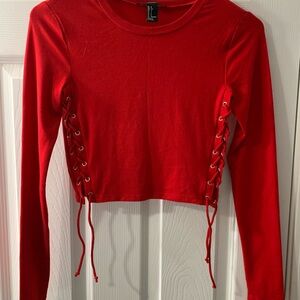 Forever 21 Red Long Sleeve Crop Bodysuit with Crew Neck and Cut Out Details